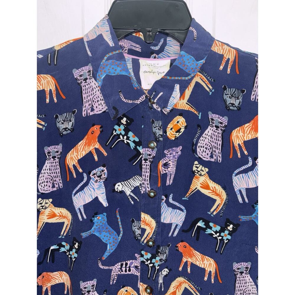 Anthropologie Carolyn Gavin Mariposa 100% Silk Blouse 12 Big Cat Novelty Print - Picture 5 of 8